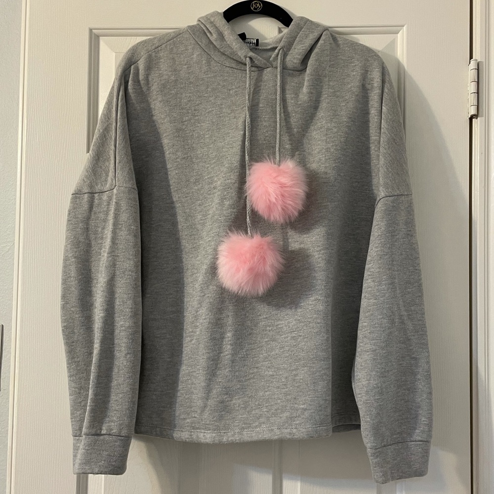 Grey Hoodie with Pink PomPoms